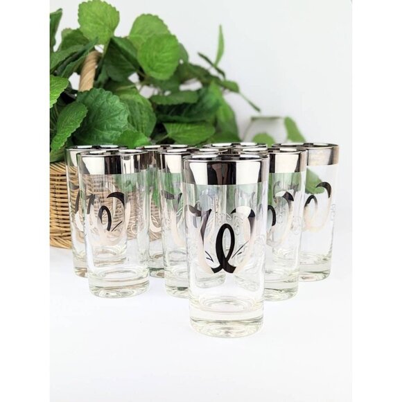 Set of 8 Mid Century Drinkware Mercury Silver Rim Glasses Queen's Lusterware "W" - Picture 5 of 10